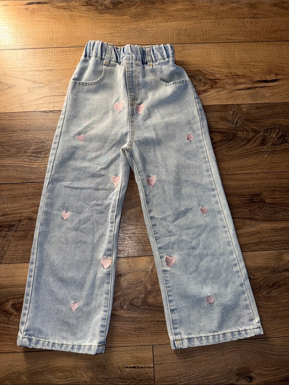Girls Light Wash Denim Jeans with Pink Heart Embroidery